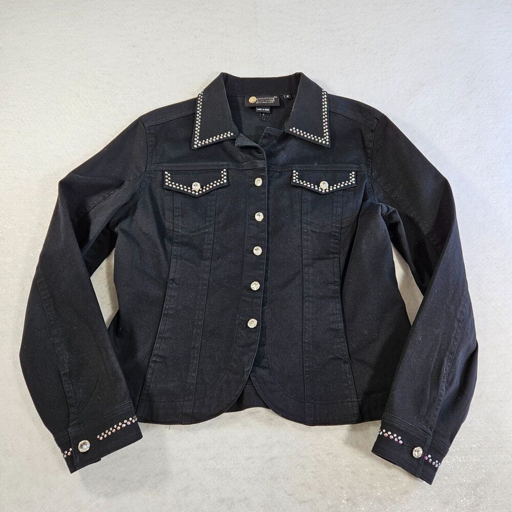 Christine Alexander Denim Jacket Women M Black Rhinestones Y2K Western Boho Chic